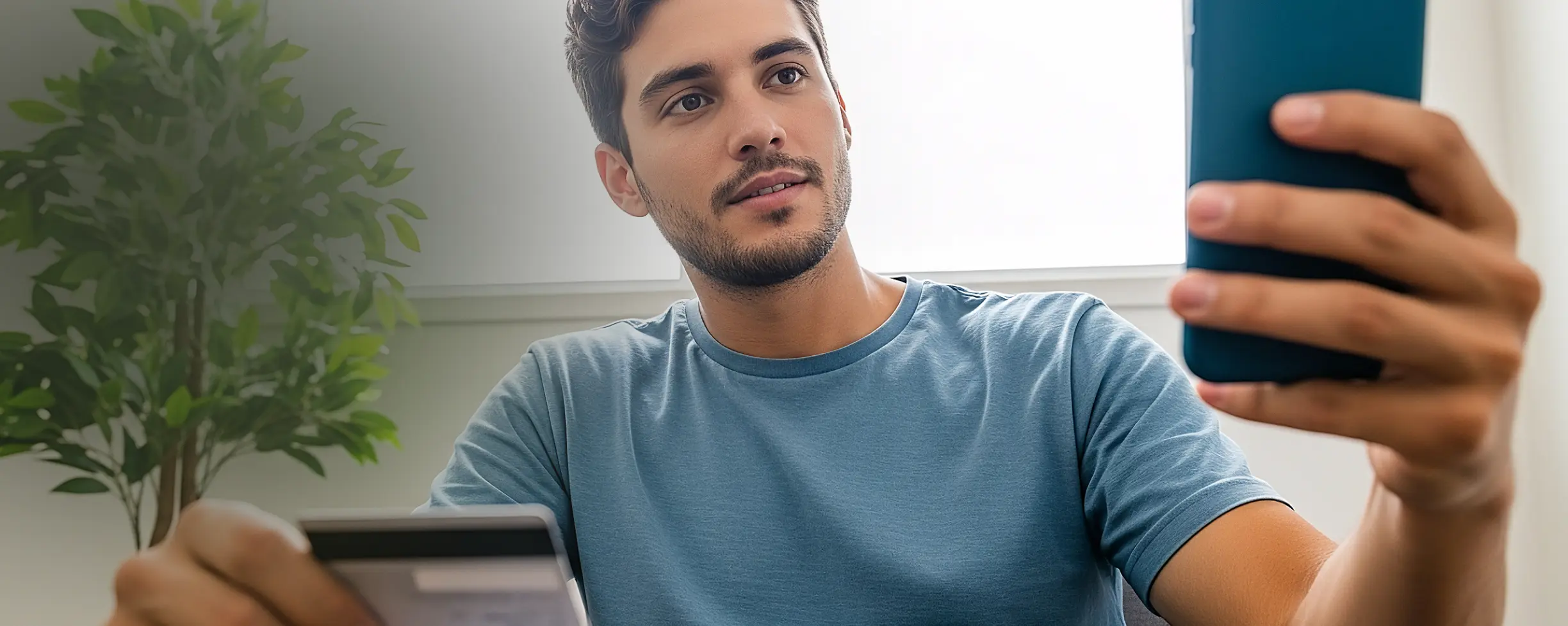 Imagem de homem olhando para a tela do celular utilizando a verificação de identidade da Unico